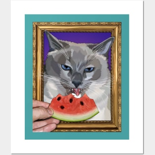 Surreal Portrait of a Cat Eating Watermelon Posters and Art